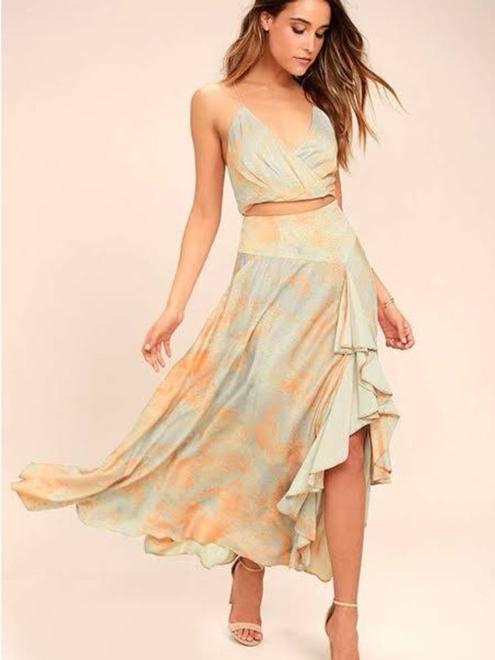 Free People High-Low Ruffle Skirt in Pastel Orange and Cream